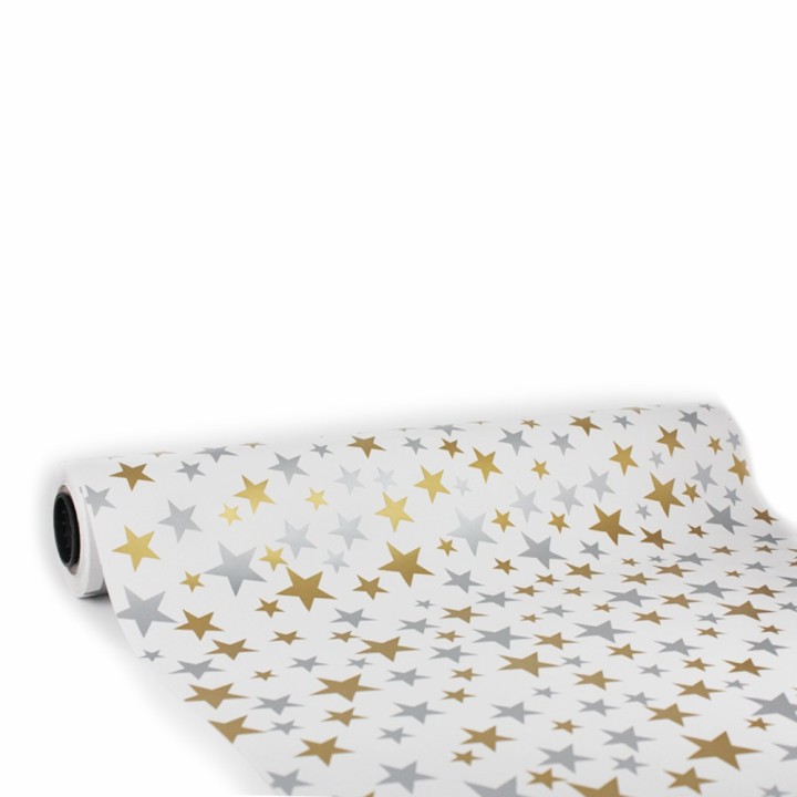 Bobina de Papel de Regalo Estrellas Plata y Oro 62cms 80m