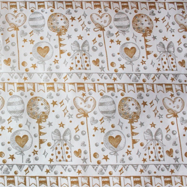 Bobina de Papel de Regalo Globos y Corazones Dorado y Plata  62cms 80m