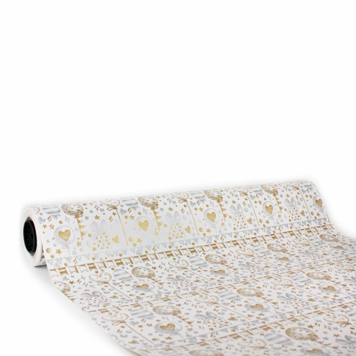 Bobina de Papel de Regalo Globos y Corazones Dorado y Plata  62cms 80m