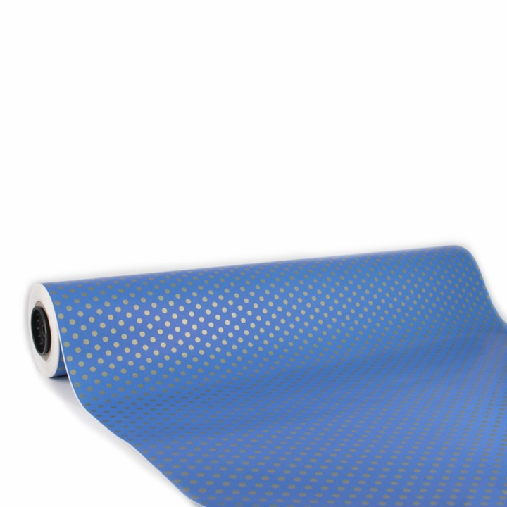 Bobina de Papel de Regalo Fondo Azul con Topos Oro 62cms 80m