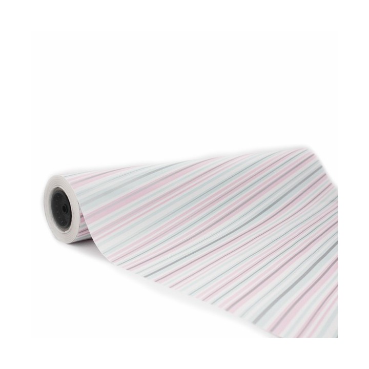 Bobina de Papel de Regalo Estucado Rayas Rosa, Plata y Celeste 62cms 80m