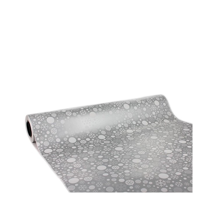 Bobina de Papel de Regalo Estucado Brillo Plata Copos Nieve  62cms 80m